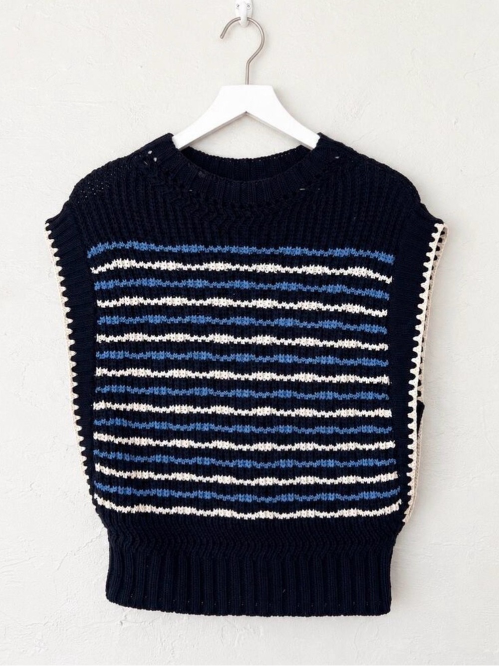 Brand New Veronica Beard Navy Sweater Vest with Blue & Cream Stripes Mock Neck